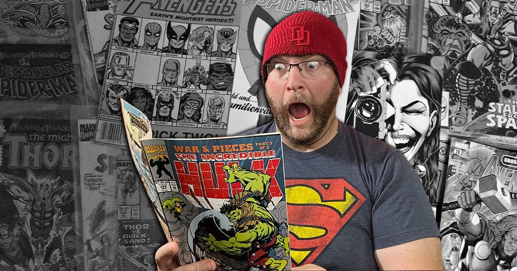 a man with glasses reading The Incredible Hulk comic