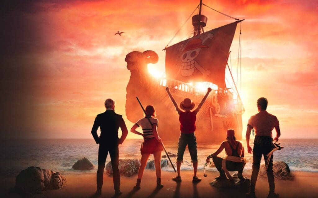 One Piece Anime Poster With a Ship During Dawn