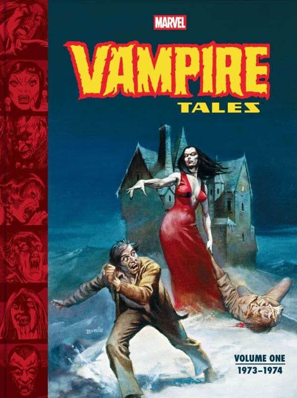 Cover for Marvel's Vampire Tales, Vol. 1 (1973–1974): a red-dressed vampire woman looms over a man on a snowy cliff with a haunted mansion behind him.