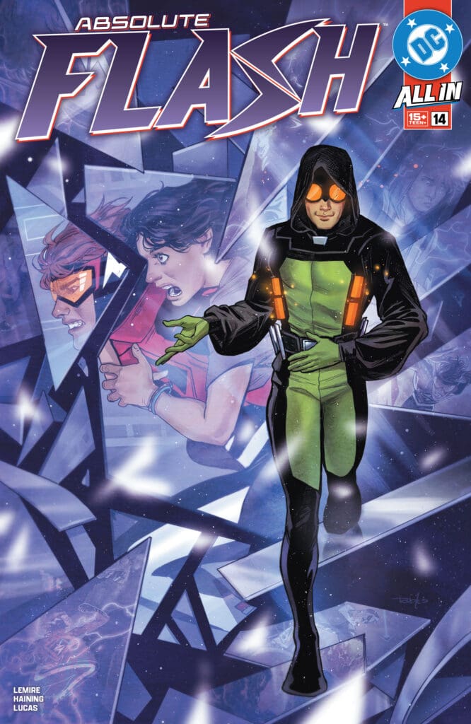 DC Absolute Flash cover: a hooded figure in a green-and-black suit steps forward amid jagged crystal panels and a starry backdrop.