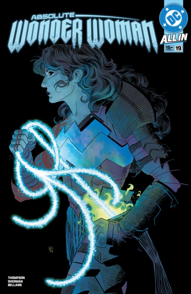 Comic cover: blue-toned Wonder Woman in armor, gripping a glowing looping lasso of truth with energy at her hand.