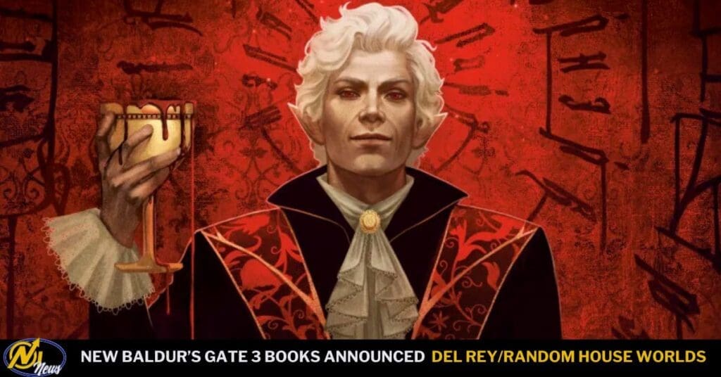 Pale, white-haired noble in a red-and-black embroidered outfit raises a goblet with blood against a crimson patterned background, with a news ticker at the bottom.