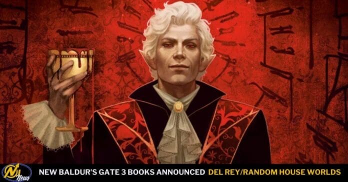 Pale, white-haired noble in a red-and-black embroidered outfit raises a goblet with blood against a crimson patterned background, with a news ticker at the bottom.