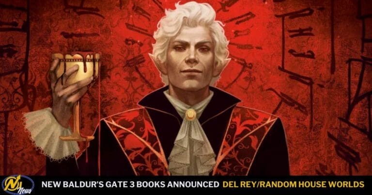 Pale, white-haired noble in a red-and-black embroidered outfit raises a goblet with blood against a crimson patterned background, with a news ticker at the bottom.