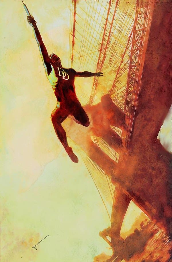 Person bungee jumping from a bridge, arms outstretched, suspended by a rope against an orange-yellow sky.