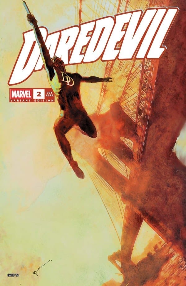 Daredevil Marvel Variant Edition #2 cover: a hero leaps amid orange flames beside a scaffolded structure, Daredevil logo above.
