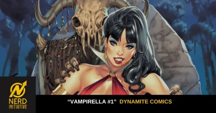 Promotional banner for Vampirella #1 (Dynamite Comics) showing a female vampire in a red outfit with a skeletal figure behind, Nerd Initiative logo.