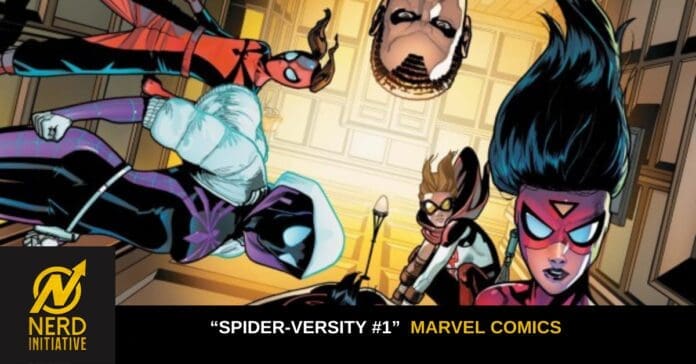 Comic book cover for Spider-Veristy #1 (Marvel Comics), featuring a red-clad Spider-Woman in the foreground with other costumed heroes flying through a hallway and a Nerd Initiative logo in the bottom-left corner.
