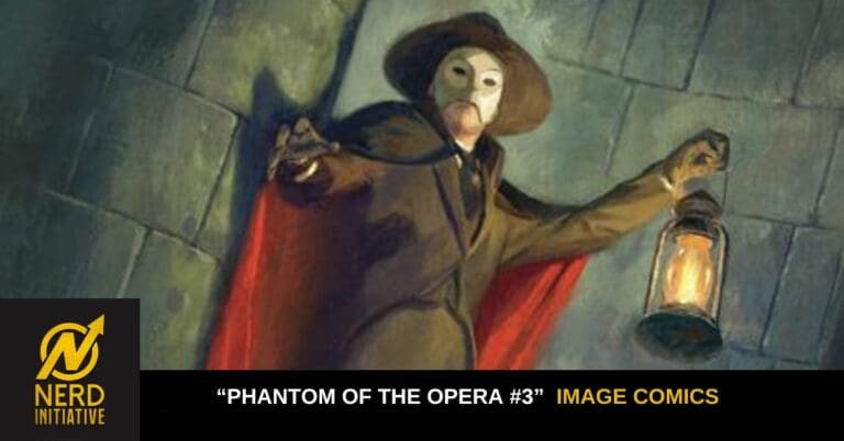 Masked figure in a brown cloak and red cape holds a lit lantern in a shadowy corridor (Phantom mood) | Image Comics cover vibe with a mysterious protagonist