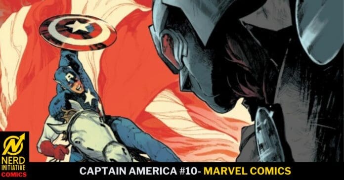 Captain America raises his shield in a dynamic battle scene against a dark armored foe in a Marvel Comics panel.