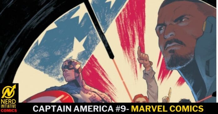 Comic-book style cover artwork featuring Captain America and a determined man in the foreground, with a red‑blue explosive background and boldMarvel branding below.