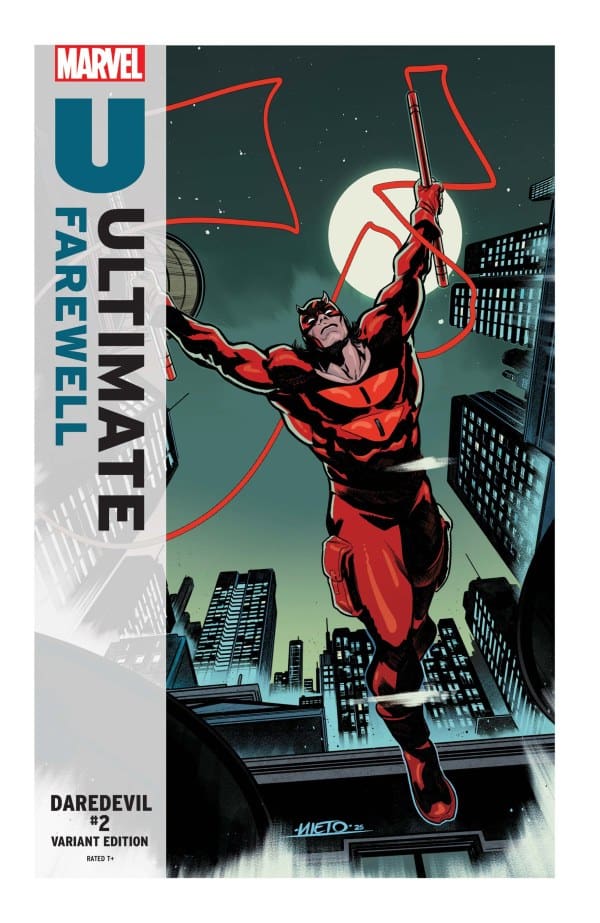 Comic book cover showing Daredevil in red suit leaping between tall buildings at night, a full moon behind him, with the title 'Ultimate Daredevil' on the left and 'Variant Edition' text.