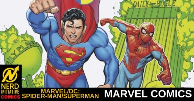 Two iconic superheroes, Superman and Spider-Man, leap toward the viewer in a dynamic comic cover. The bottom banner reads Marvel Comics and features a Nerd Initiative Comics logo on the left.