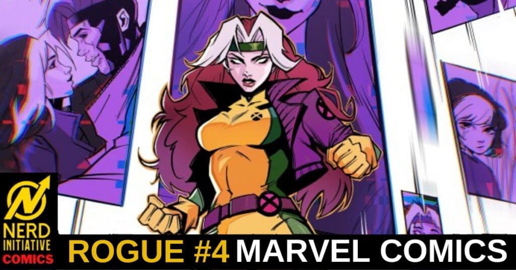 Comic book cover thumbnail featuring Rogue in a dynamic pose with yellow-green suit and purple jacket, fists up, along a banner reading 'Rogue #4 Marvel Comics' and Nerd Initiative Comics logo bottom-left.