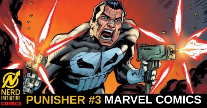 Comic book cover featuring Punisher firing a machine gun with red energy blasts and a fiery orange background; Marvel Comics Punisher #3 banner and Nerd Initiative logo in corner.