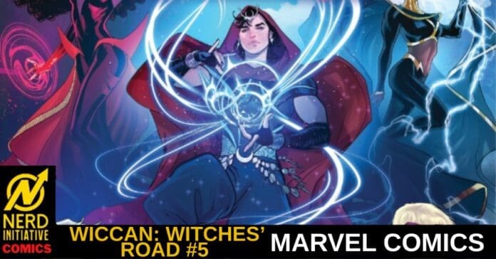 Comic book cover featuring a male wizard in blue and red cloak casting glowing circular magic, with Marvel Comics and 'Wiccan: Witches' Road #5' text.