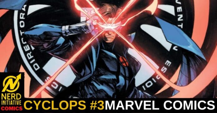 Comic book cover featuring Cyclops firing red optic beams in an action pose, with a circular emblem behind and Nerd Initiative Comics logo in the corner.