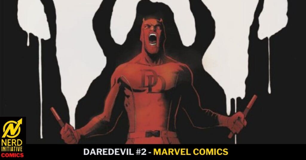 Daredevil in his red costume screams with batons drawn, set against a stark black-and-white background; Marvel Comics cover art for Daredevil #2.