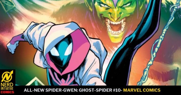 Comic book cover: Spider-Gwen in a pink hood leaps forward as a green snarling monster looms behind; bottom banner advertises the Marvel issue.