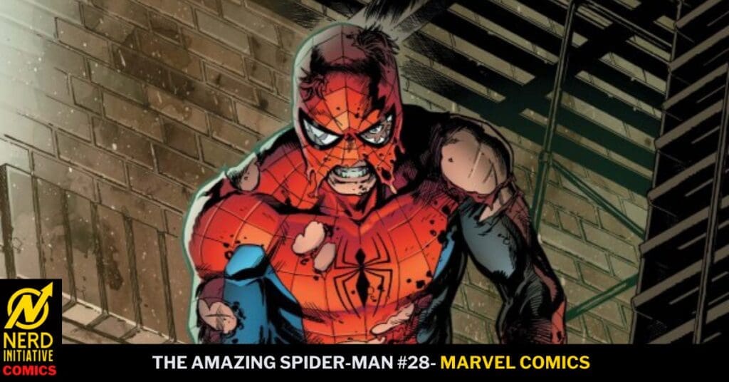 Spider-Man in a damaged red suit shouting in a dark alley; tattered costume, bruised, with a brick wall behind him and vent stairs to the right; Marvel Comics caption below reads 'The Amazing Spider-Man #28'.