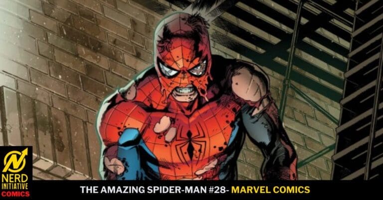 Spider-Man in a damaged red suit shouting in a dark alley; tattered costume, bruised, with a brick wall behind him and vent stairs to the right; Marvel Comics caption below reads 'The Amazing Spider-Man #28'.