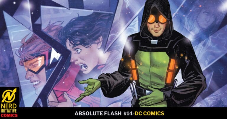 Comic book cover: a hooded figure in a green suit with orange goggles reaches forward as two fleeing speedsters appear behind shattered panels. 'Absolute Flash #14' DC Comics is at the bottom.