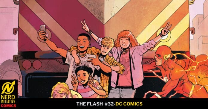Group of diverse friends posing for a selfie in front of a colorful mural on a comic book cover, The Flash #32, DC Comics, Nerd Initiative Comics logo visible.