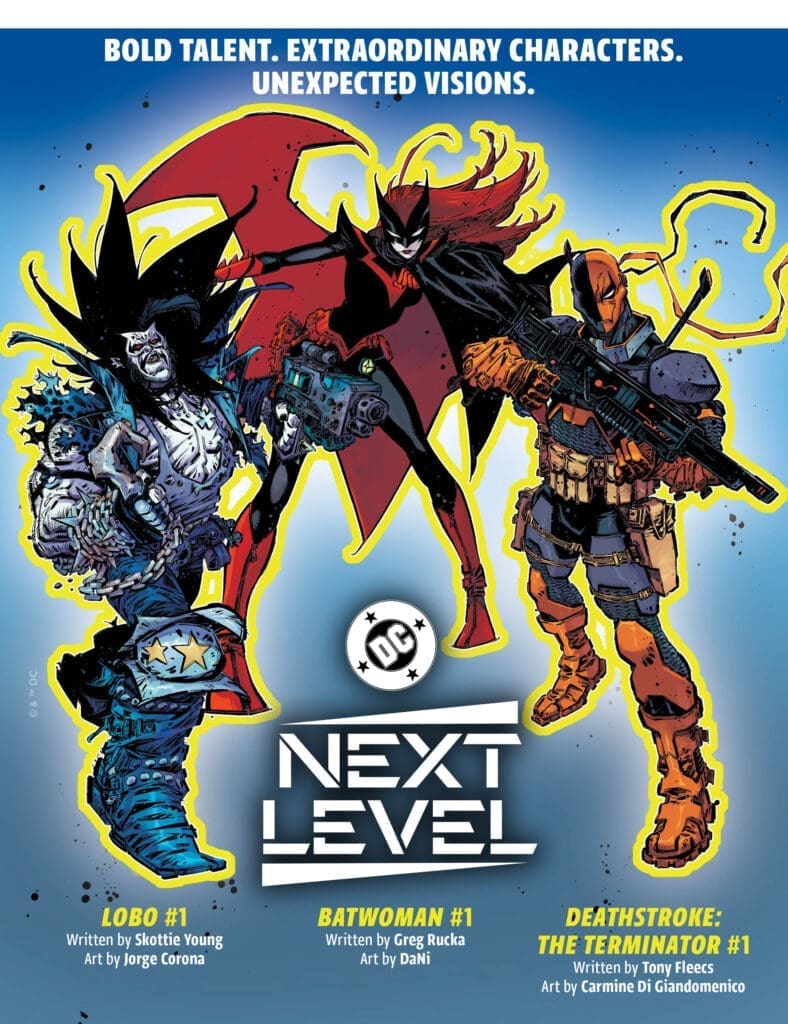 DC Next Level comic cover showing Batwoman center, flanked by Lobo (left) and Deathstroke (right) with weapons, DC logo and 'Next Level' title below.