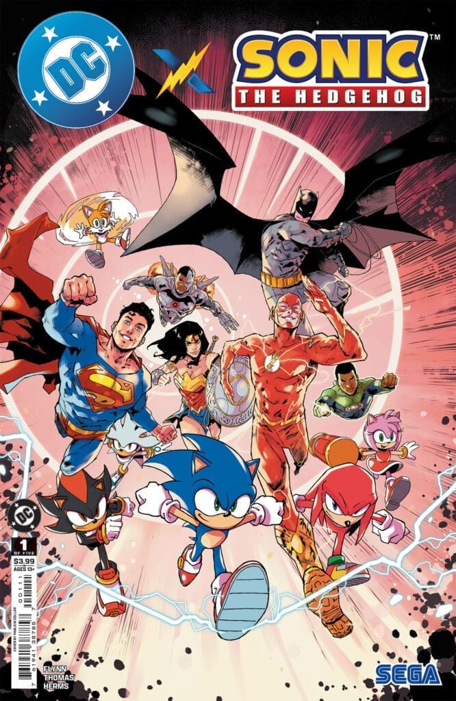 Comic book cover showing Sonic the Hedgehog and DC superheroes charging toward the viewer, with Sonic at the front and Batman flying overhead; DC and Sonic logos appear at the top.