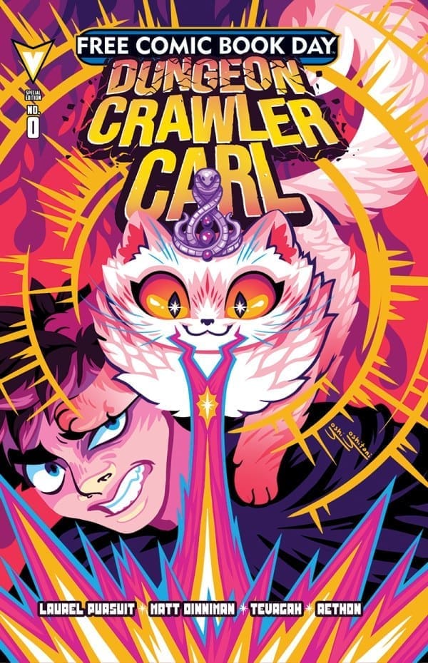 Colorful Free Comic Book Day cover for Dungeon Crawler Carl: a white cat with a purple serpent crown in front of a neon pink, yellow, and purple explosion background, with a grinning figure lower left and bold title text above.