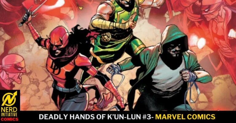 Comic cover for Deadly Hands of K'un-Lun #3: three masked heroes clash in a dynamic action scene with a fiery red background and Marvel branding.