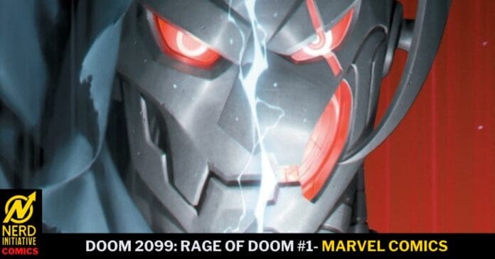 Close-up of a gray robotic helmet with red glowing eyes and a lightning crack, a Doom 2099 thumbnail with Nerd Initiative Comics branding at the bottom left.