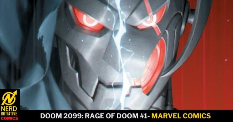 Close-up of a gray robotic helmet with red glowing eyes and a lightning crack, a Doom 2099 thumbnail with Nerd Initiative Comics branding at the bottom left.