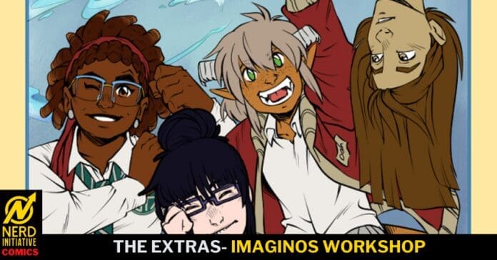 Group portrait of four friends in a colorful comic style, smiling and leaning close together.