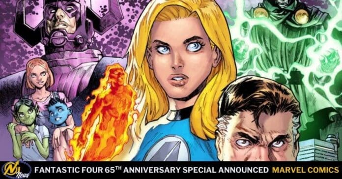 Colorful Marvel Comics illustration with the Fantastic Four front and center (blue suits) as others loom in the background, plus a bottom banner announcing a 65th anniversary celebration.
