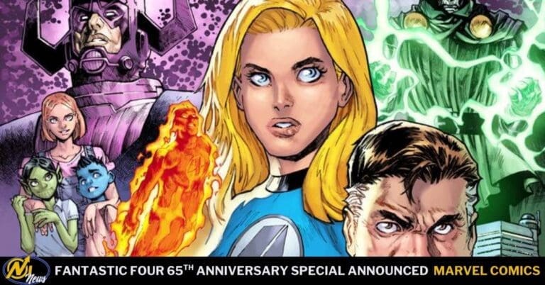 Colorful Marvel Comics illustration with the Fantastic Four front and center (blue suits) as others loom in the background, plus a bottom banner announcing a 65th anniversary celebration.