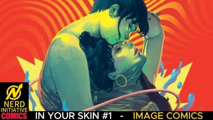 Colorful comic-book style illustration of a couple kissing, set against a swirling red and orange background; logo in bottom-left corner.