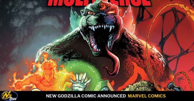 Cover illustration of a colossal green monster with a huge open mouth and tongue, looming over fiery background; a fiery figure and a glowing green portal in the foreground; banner reads ‘New Godzilla Comic Announced Marvel Comics’