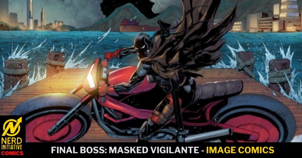 Masked vigilante wearing a cape rides a red motorcycle along a wooden pier, with city lights and waves in the background.
