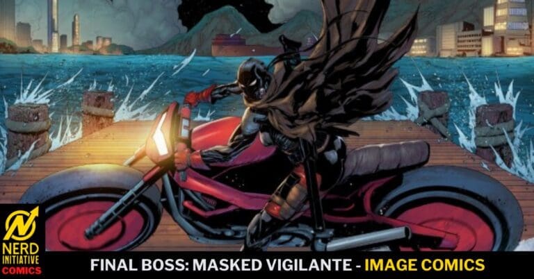 Masked vigilante wearing a cape rides a red motorcycle along a wooden pier, with city lights and waves in the background.