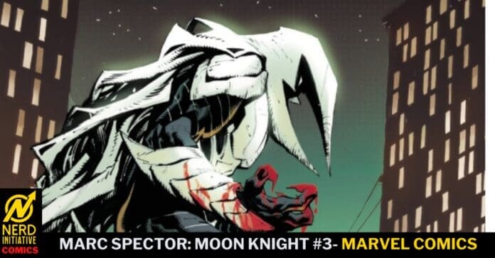 Moon Knight in white, angular armor leans over blood-stained hands against a dark city skyline at night.