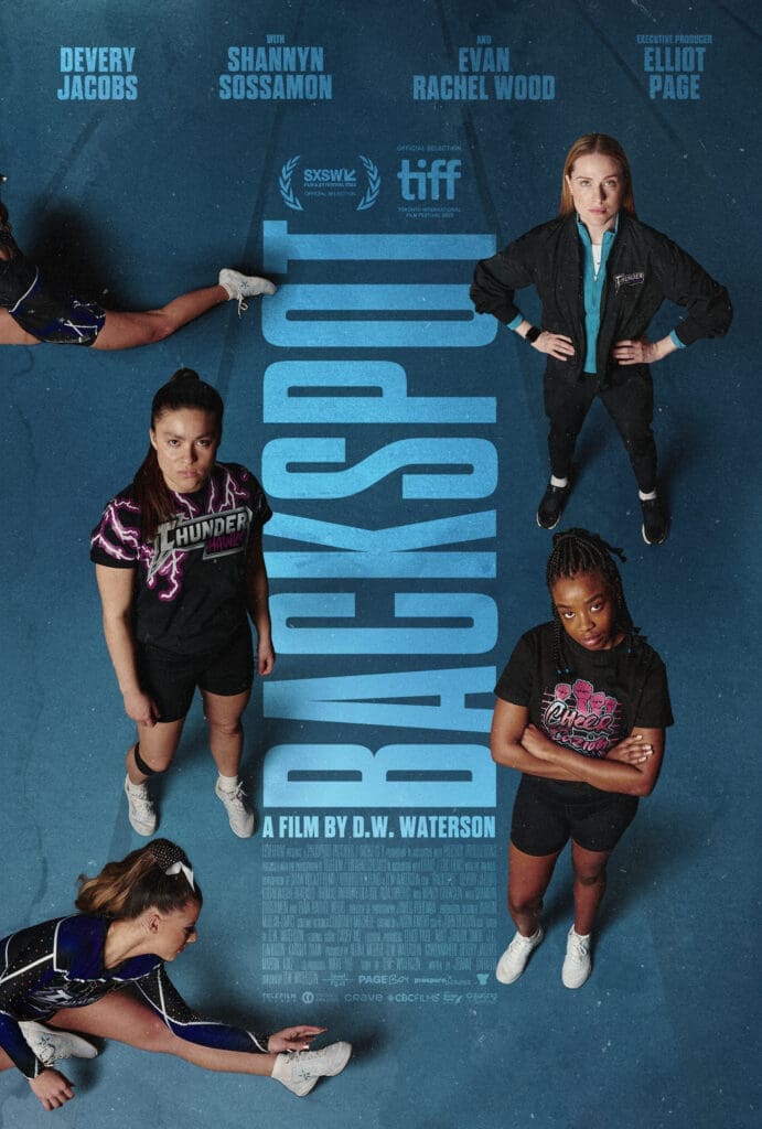 Film poster: five women stand around a large vertical blue title on a blue floor; credits show Devery Jacobs, Shannyn Sossamon, Evan Rachel Wood and 'A film by D.W. Waterson'