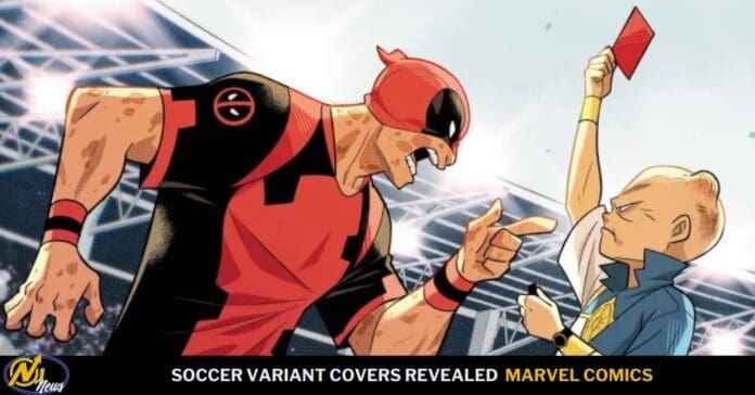 Comic-style wrestler superhero in red and black argues with a referee who raises a red card in a stadium.