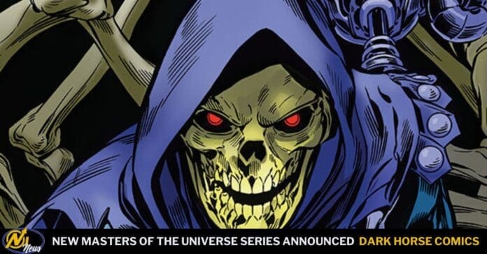 Skull-faced grim reaper in a blue hooded cloak with glowing red eyes, bold comic art style, Dark Horse Comics banner below.