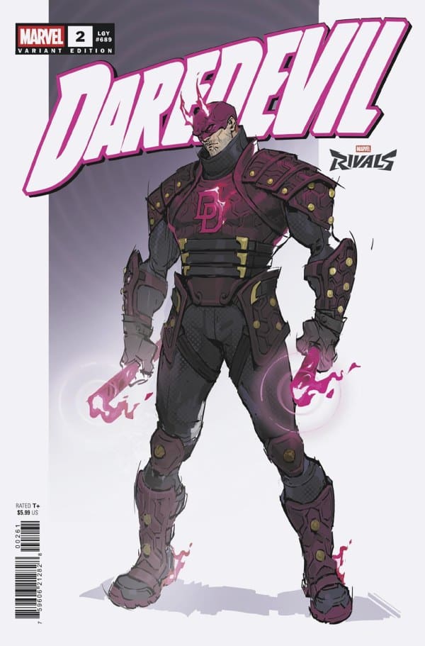 Variant cover of Daredevil: DarkDevil, issue 2, showing a muscular figure in dark purple armor with pink energy around his fists, standing heroically against a light background.