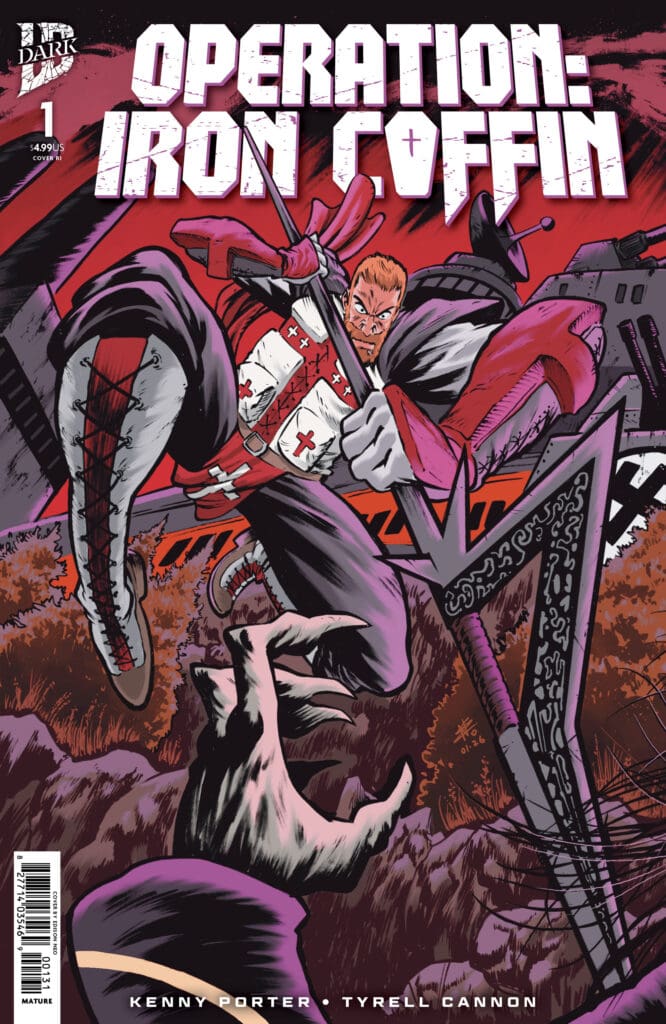 Comic book cover for 'Operation: Iron Coffin' showing a muscular warrior in red armor charging with a spear amid rubble and a looming skeletal claw reaching up from the ground.