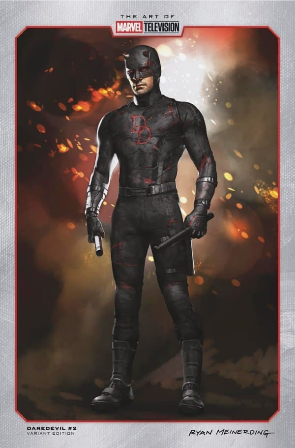 Daredevil in a black armored suit with a red DD emblem, holding his batons against a smoky, fiery background.