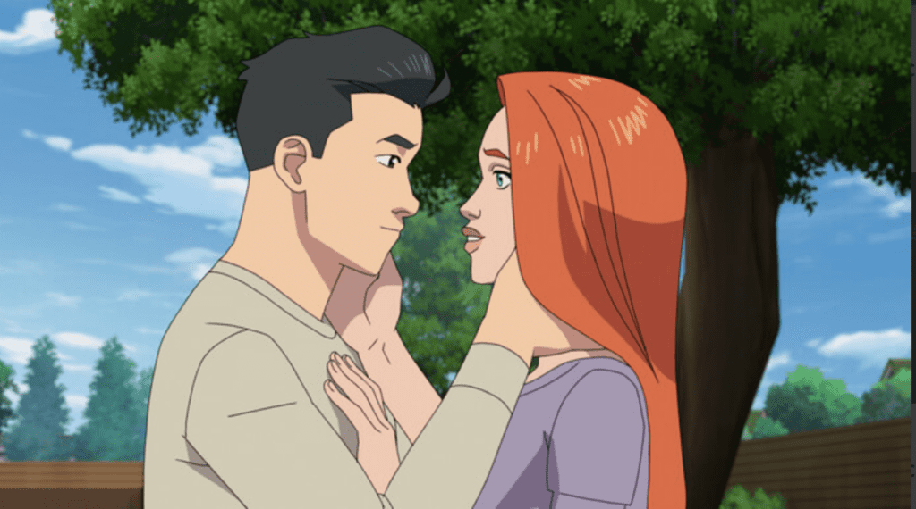 Illustration of a couple standing close, gazing into each other’s eyes, hands resting on each other’s necks in a sunny park.