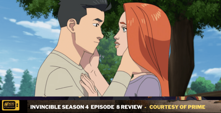 Animated man and woman face each other, hands resting on each other's chests, in a sunny park setting.