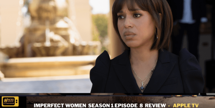 Woman in a dark blazer looks to the side in an outdoor setting; a promotional banner for 'Imperfect Women' at the bottom.